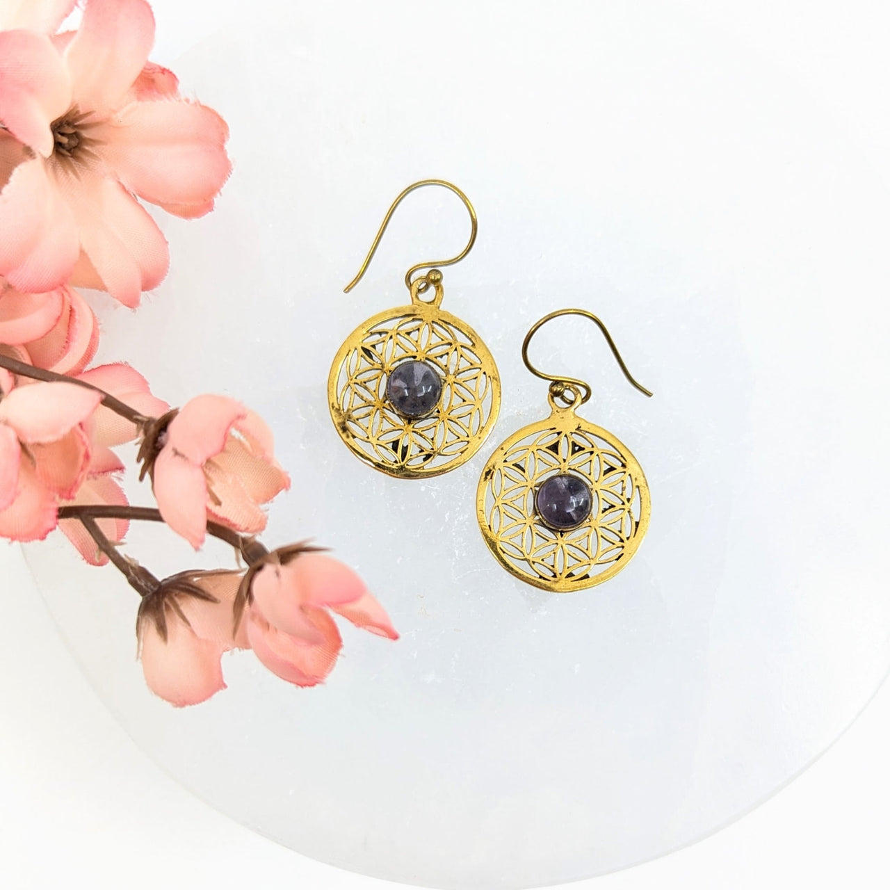 Amethyst Flower of Life 1’’ Brass Earrings #LV9839 - $24