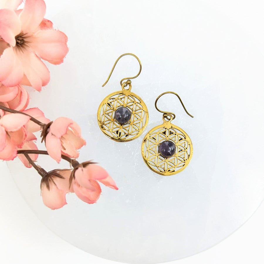 Amethyst Flower of Life 1’’ Brass Earrings #LV9839 - $24