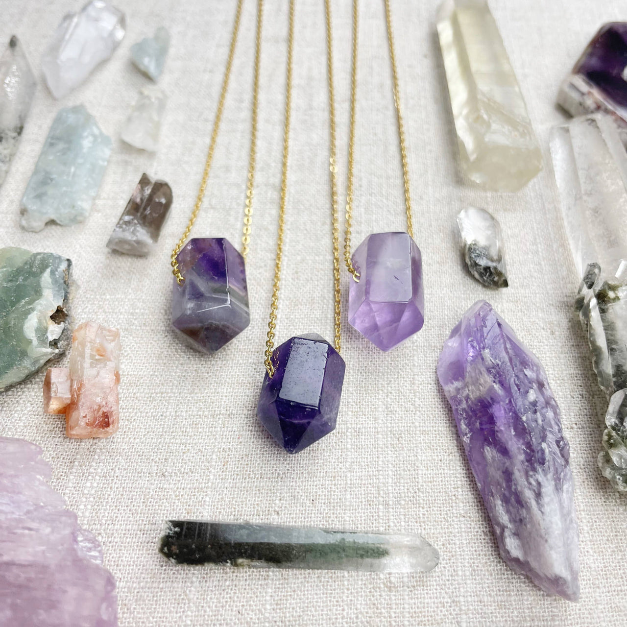 Three Amethyst Double Terminated Point Necklaces with Gold Chains