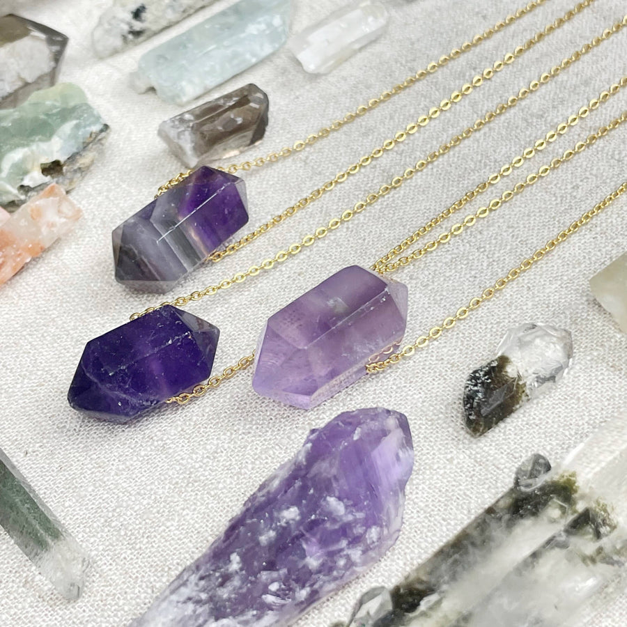 Purple Amethyst Crystal Pendant on Gold Chain Necklace LV9386