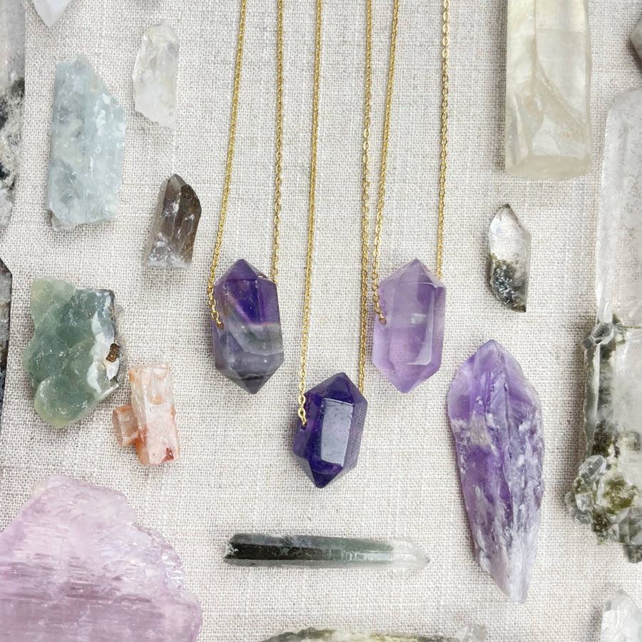 Three Amethyst Double Terminated Point Necklaces in Gold Chain