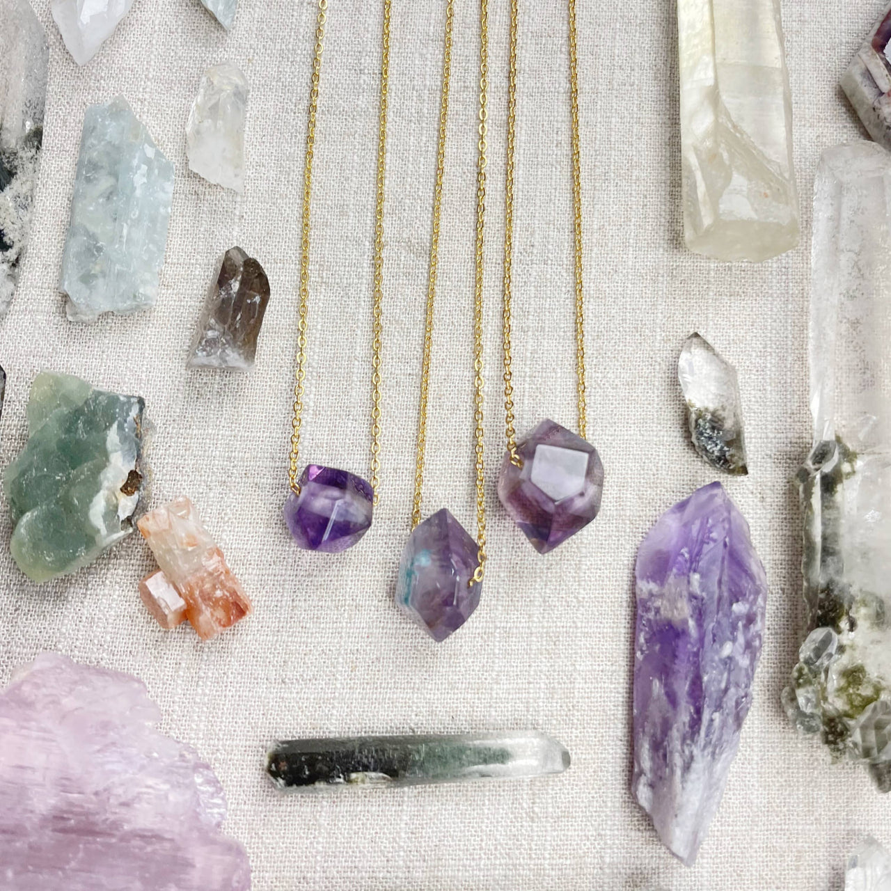 Three faceted amethyst pendant gold chain necklaces LV9093