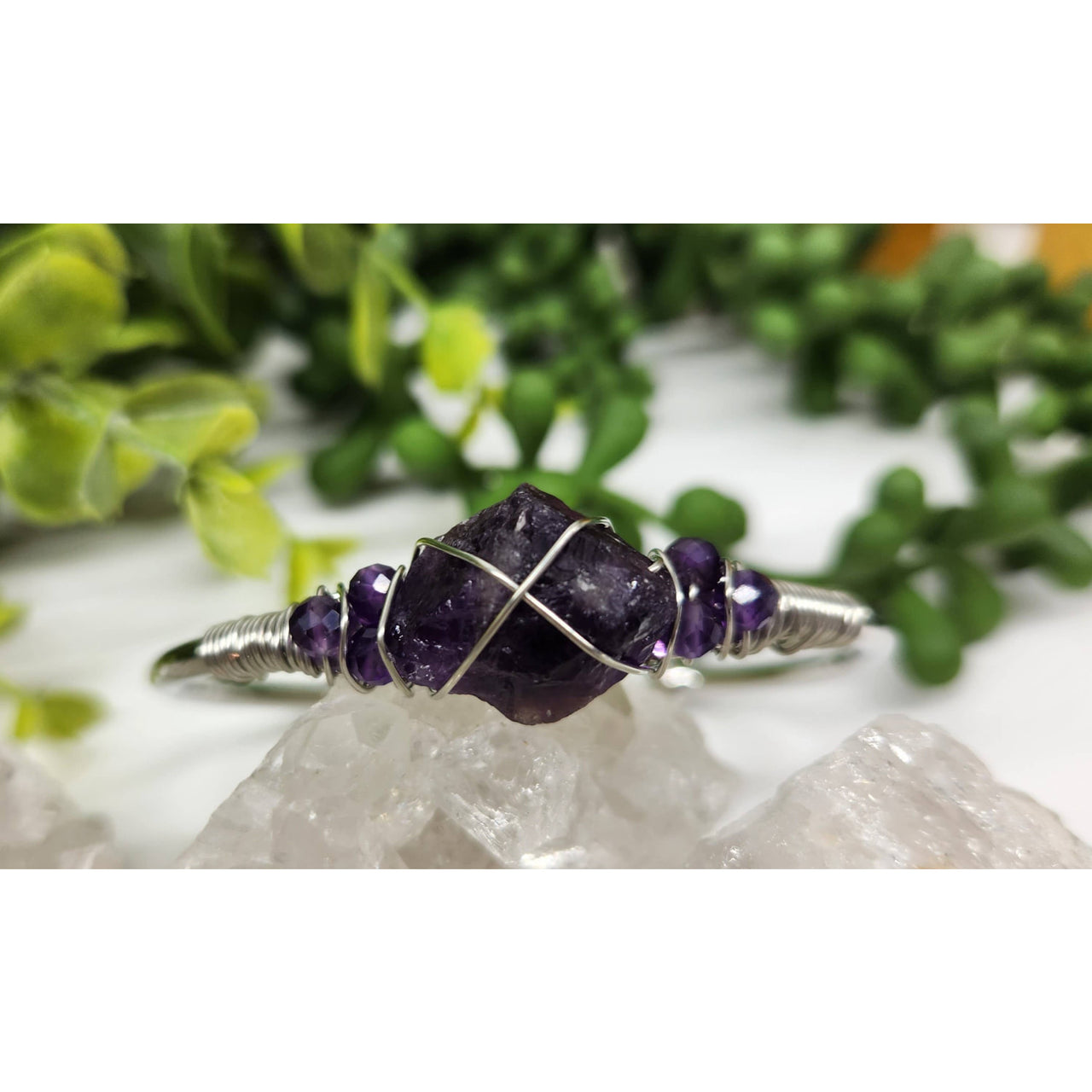 Amethyst Gemstone Wire Wrapped Bangle Cuff Bracelet #LV4377