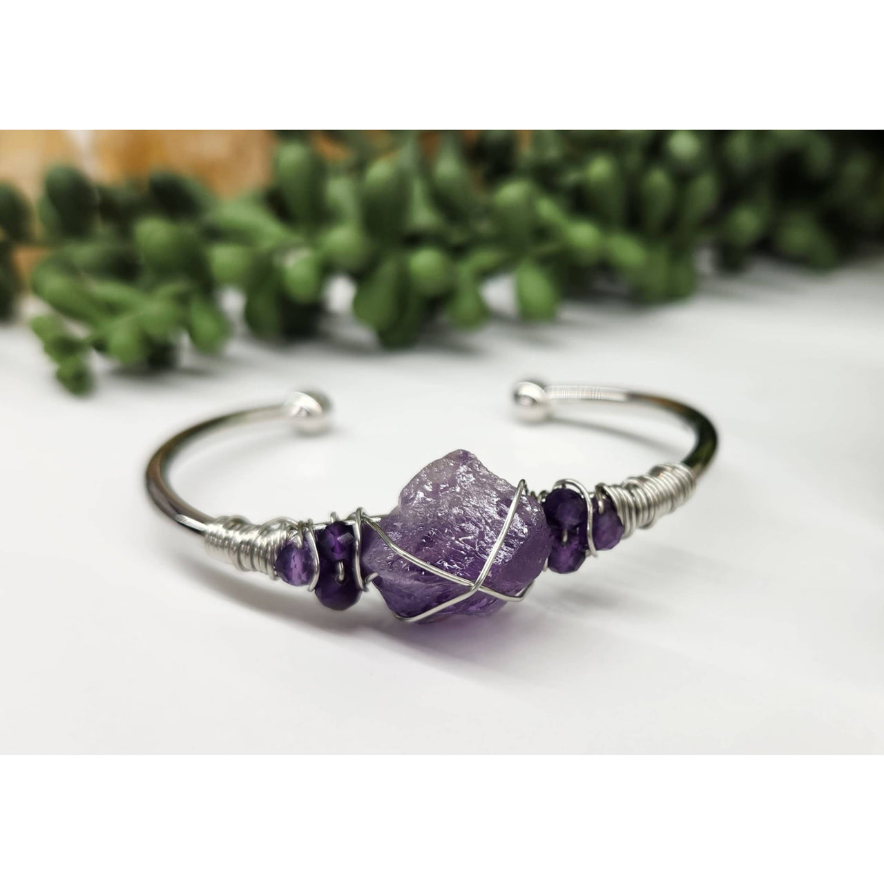 Amethyst Gemstone Wire Wrapped Bangle Cuff Bracelet #LV4377