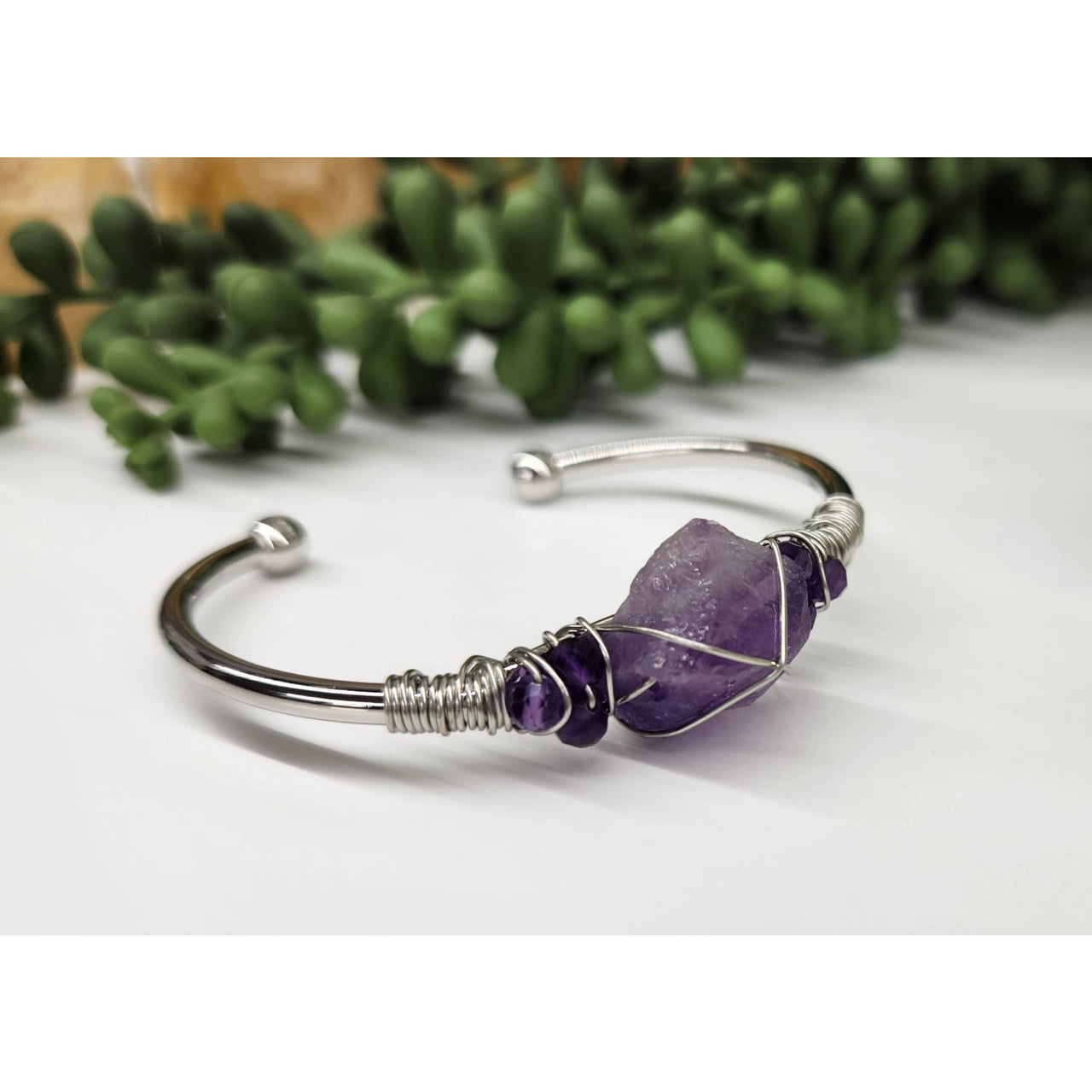 Amethyst Gemstone Wire Wrapped Bangle Cuff Bracelet #LV4377