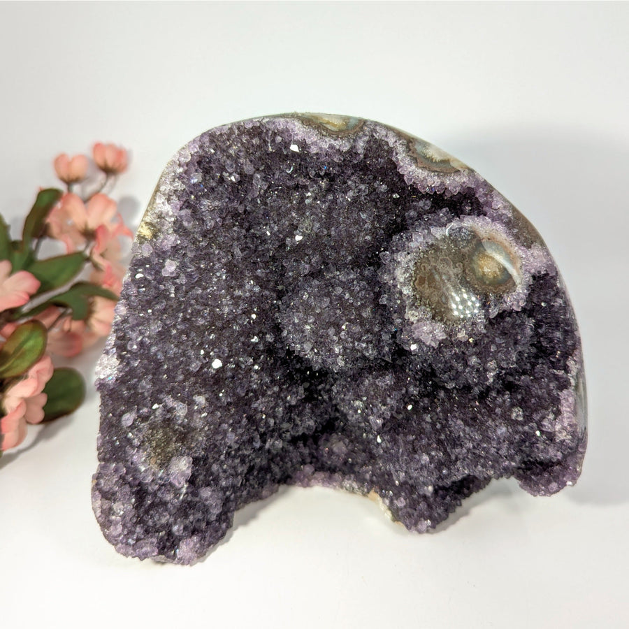 Sparkling Amethyst Geode displayed in Amethyst Geode 5.6 Inch Cut Base Specimen LV8219