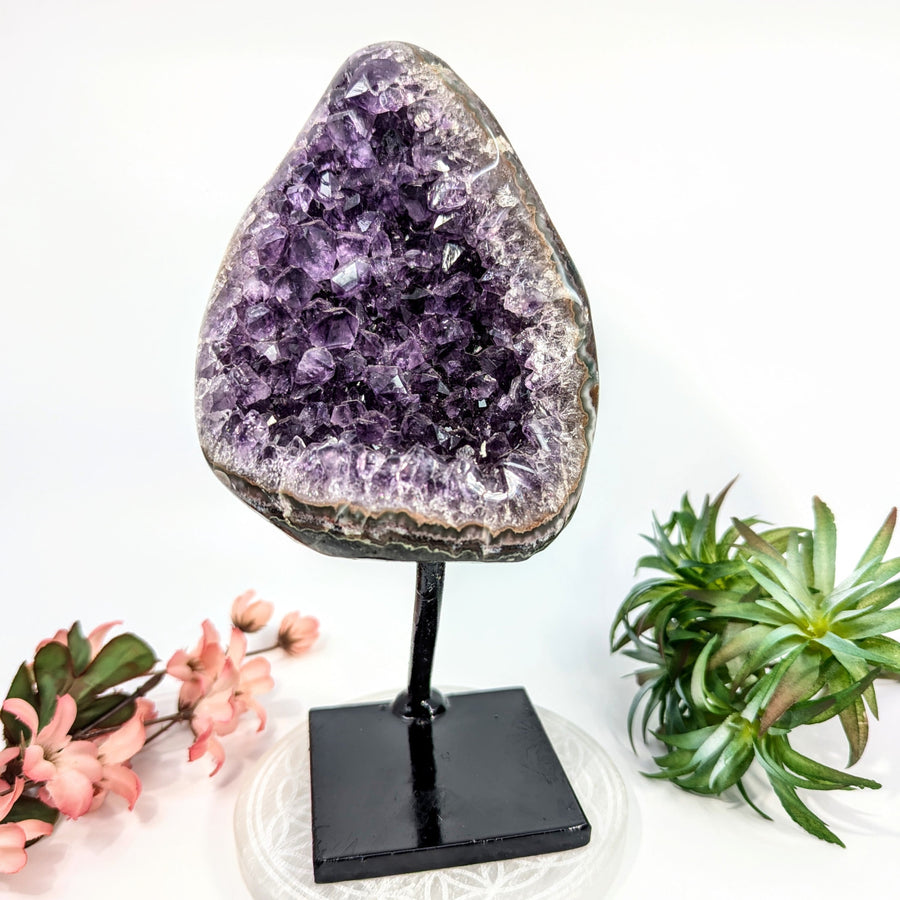 Amethyst geode 8-inch specimen on black stand showcasing purple crystals and vibrant interior