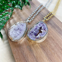 Two Amethyst Geode Slice Pendant Necklaces #LV9387 in Silver and Gold