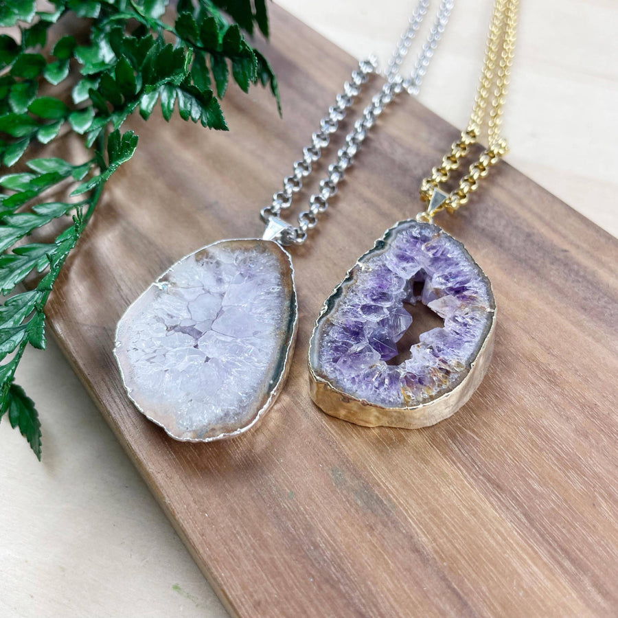 Amethyst Geode Slice Necklace #LV9387 with lavender and purple crystals
