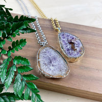 Amethyst Geode Slice Pendant Necklace in Silver and Gold #LV9387