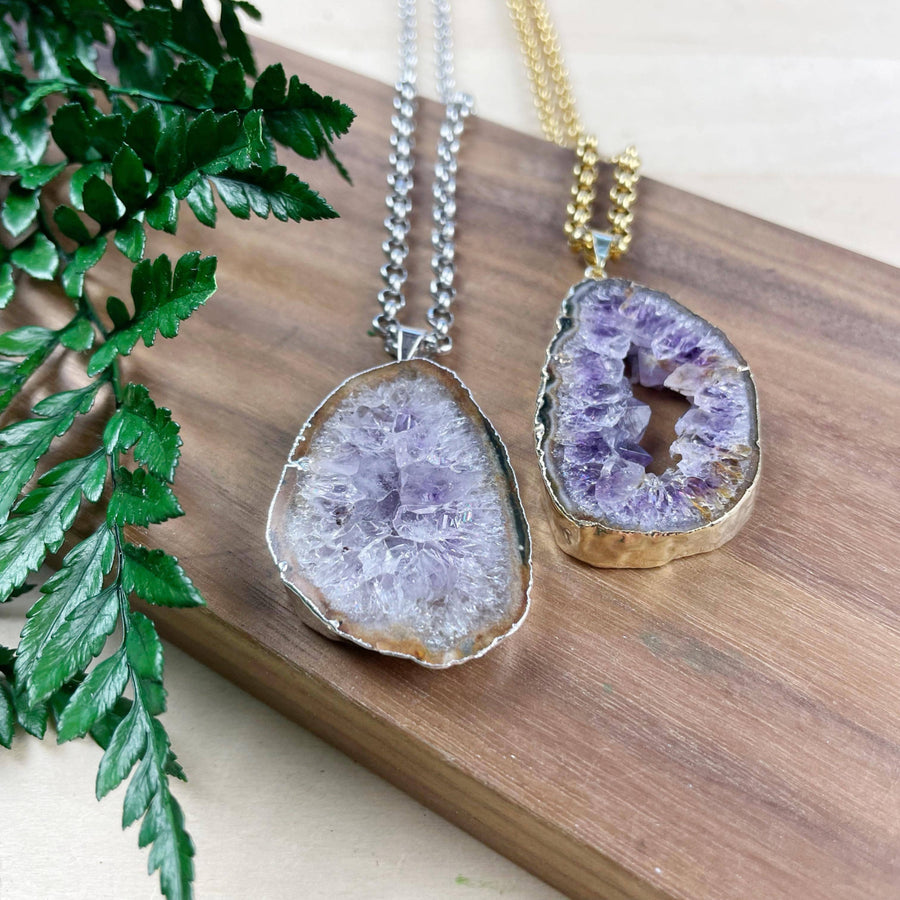 Amethyst Geode Slice Necklace #LV9387 with silver and gold chains