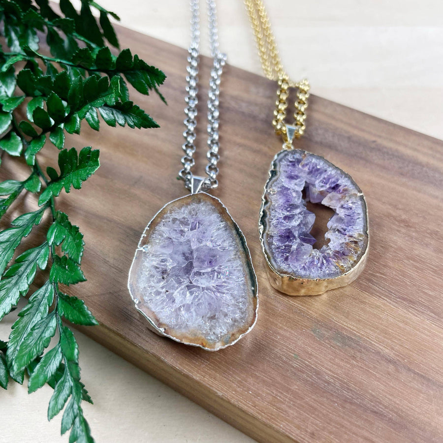 Amethyst Geode Slice Necklace #LV9387 with silver and gold chains