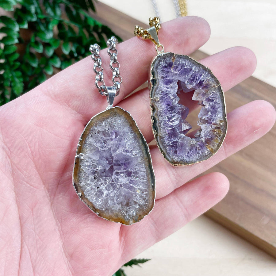 Amethyst Geode Slice Necklace #LV9387 with purple crystals