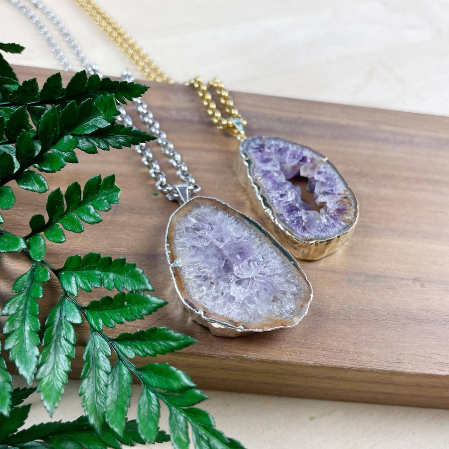 Amethyst geode slice pendants in silver and gold chains #LV9387