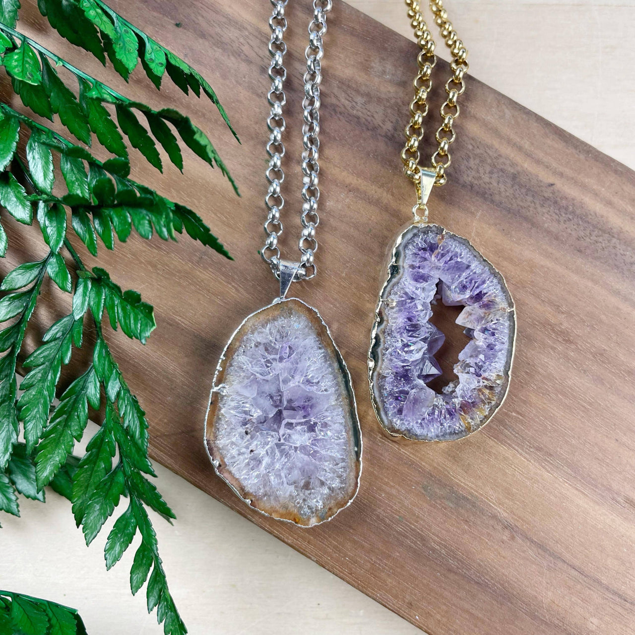 Amethyst Geode Slice Necklace #LV9387 with silver and gold chains
