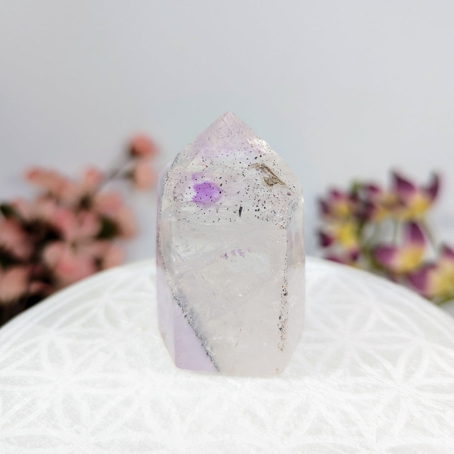 Clear Quartz Crystal with Purple Inclusions in Amethyst Lepidochrosite 2-inch Generator Tower