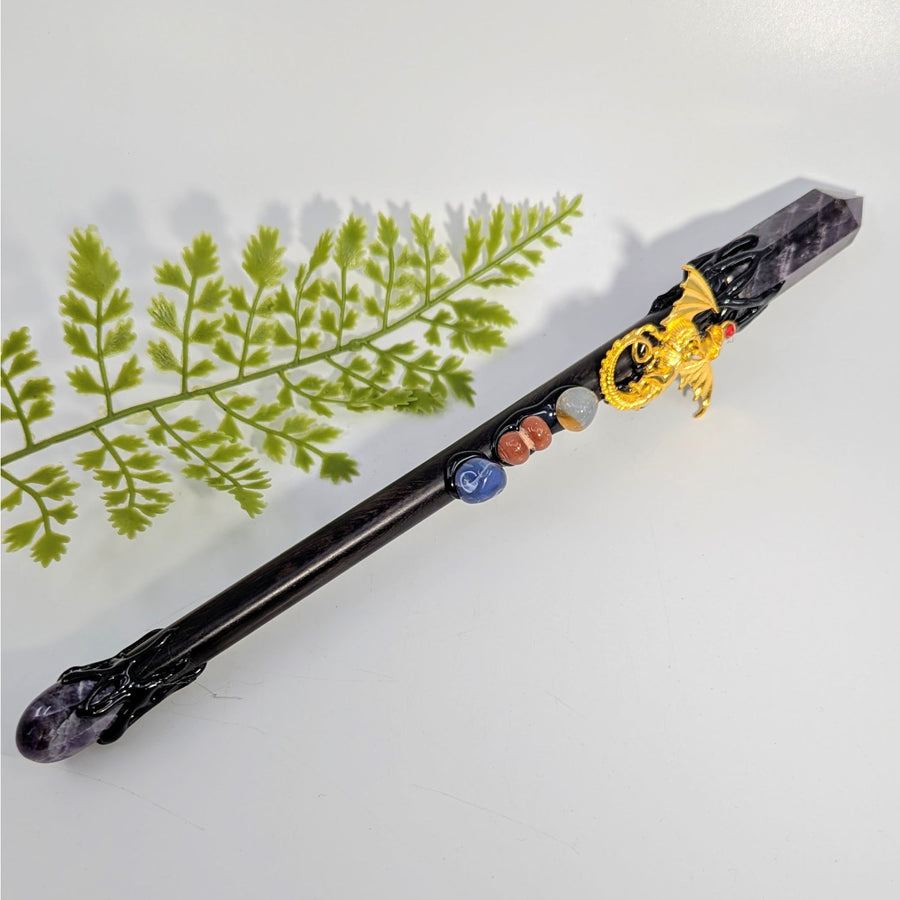 Amethyst Magic Wand 10.5’’ with Gold Dragon #BC1260 black crystal hair stick