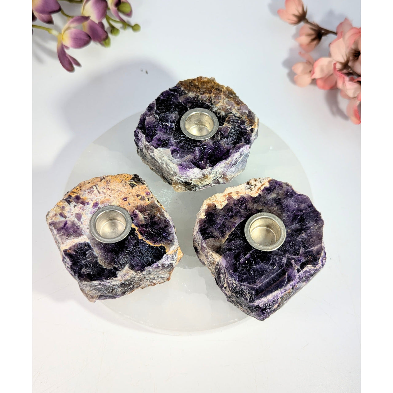 Three amethyst mini geode candle holders, 1.75-2.5in #BC0471