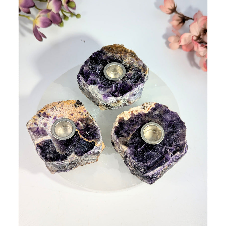 Three amethyst mini geode candle holders, 1.75-2.5in #BC0471