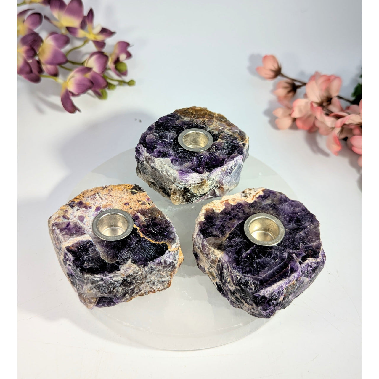 Three natural amethyst mini candle holders, 1.75-2.5in, #BC0471