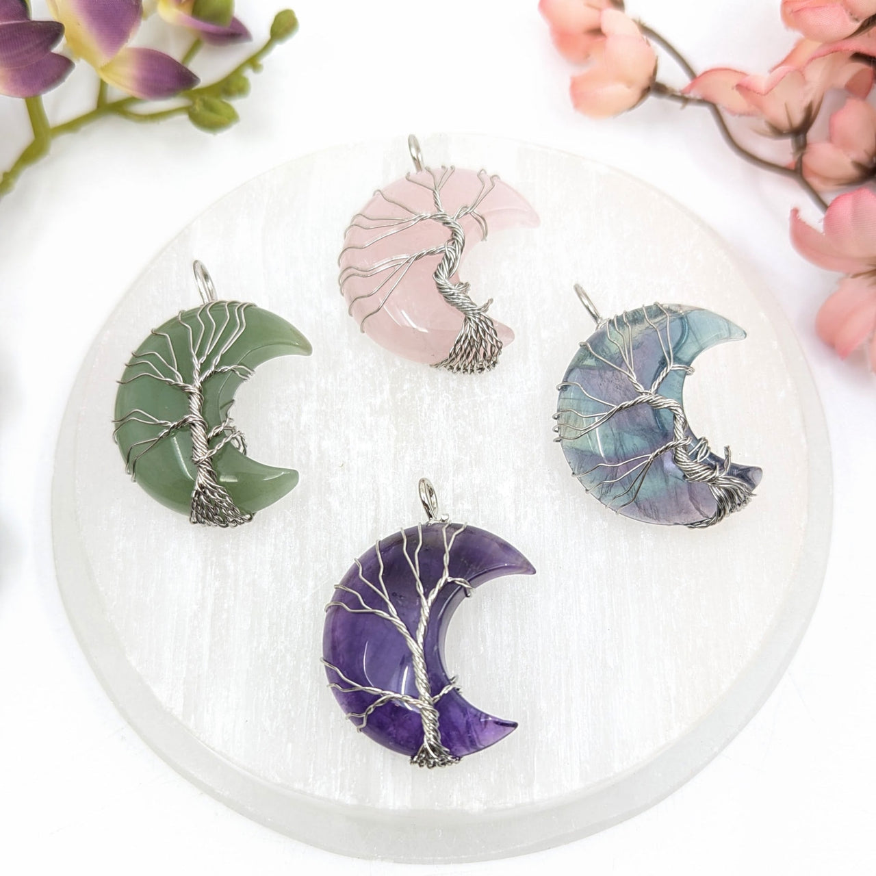 Amethyst moon 1.75 inch wire wrapped pendant with tree of life design and colored stones