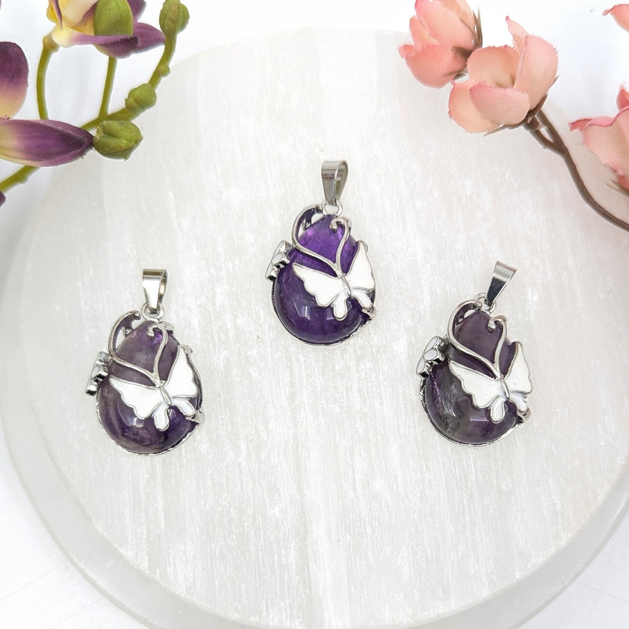Three silver amethyst butterfly pendants, 1.5 inch #BC0686