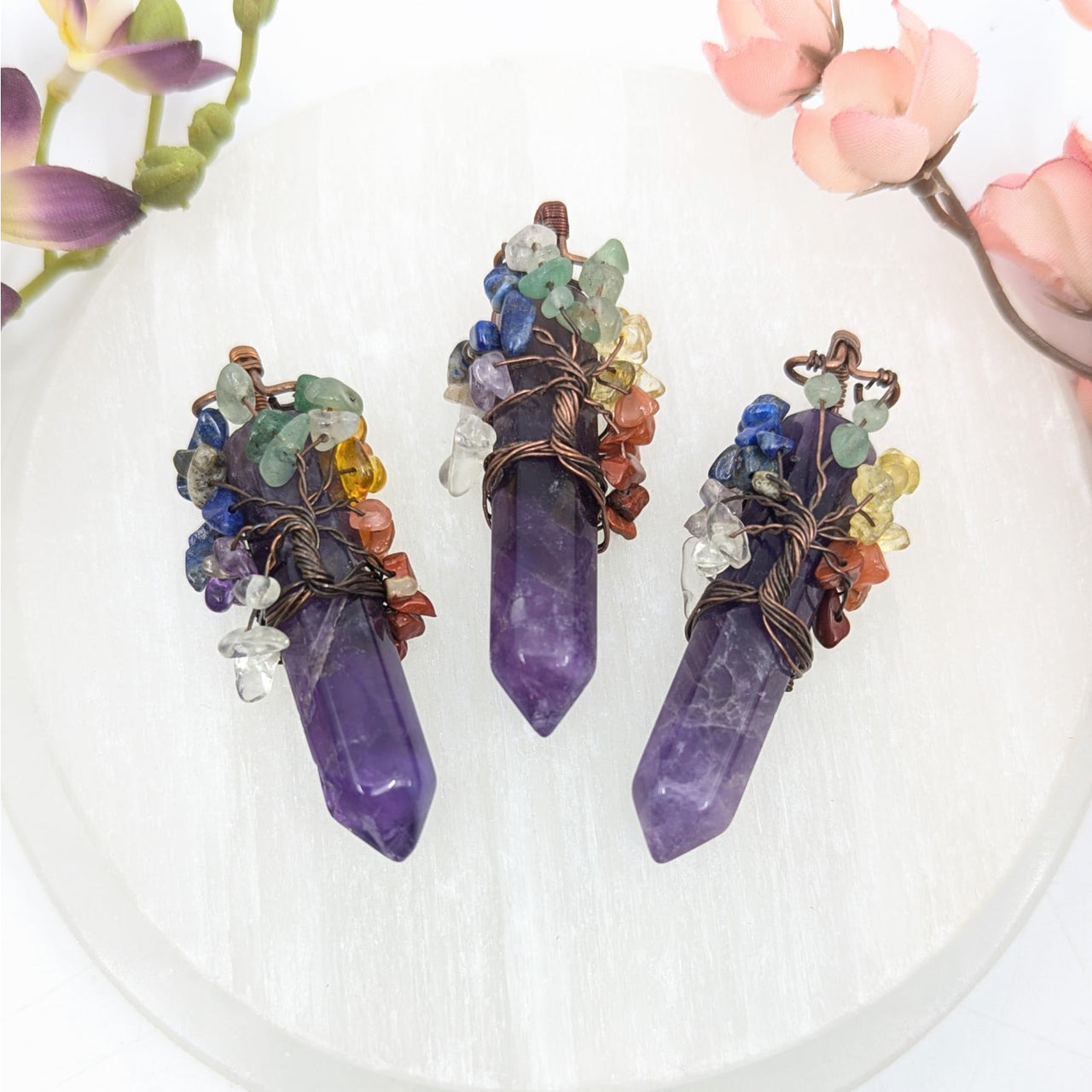 Handcrafted 2.5’’ amethyst pendant with rainbow crystal wire wrap #BC0688