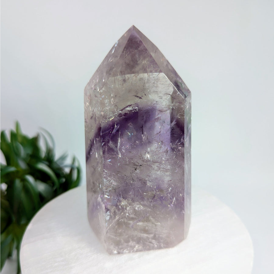 Amethyst Phantom crystal point tower with protective light shield for psychic attacks