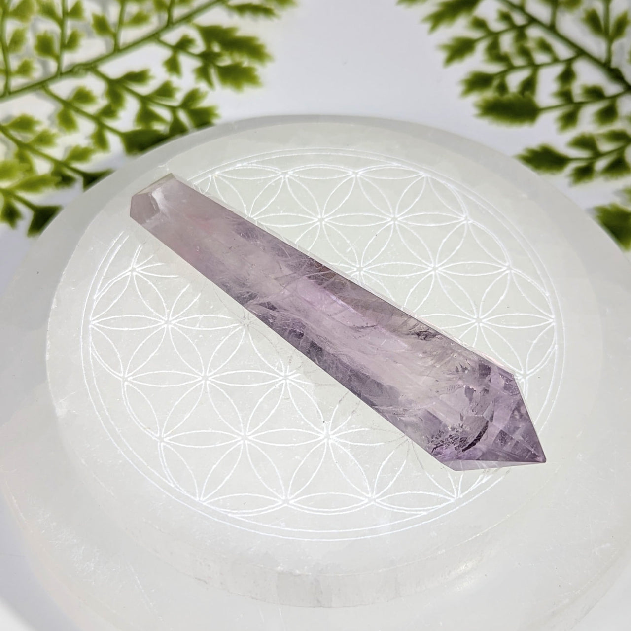Translucent lavender Amethyst Point 3.6’’ Mini Wand #BC1212 on selenite plate
