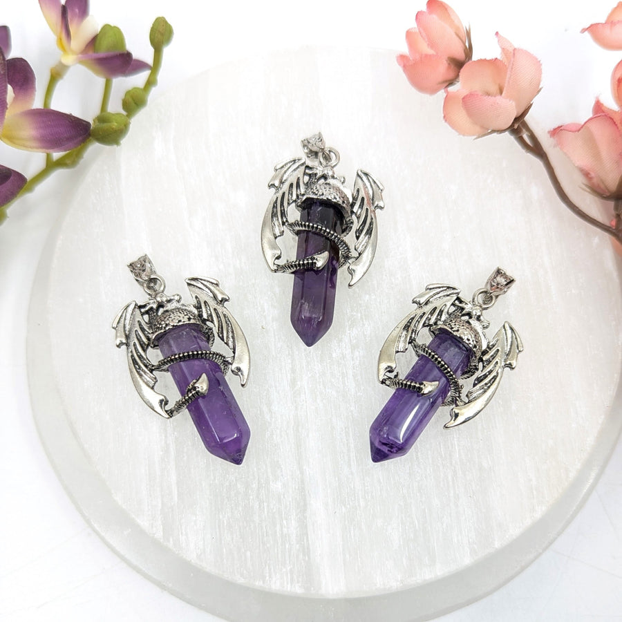 Purple amethyst crystal dragon pendant with silver wings and chain #BC0687