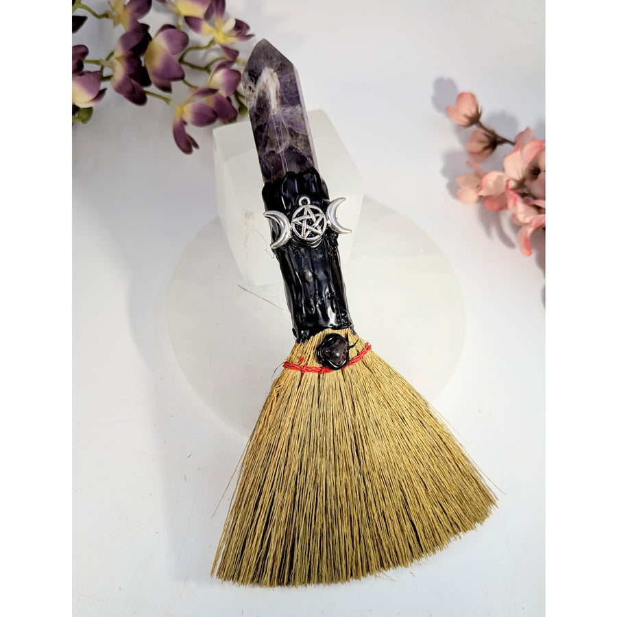 Amethyst point triple moon witch’s broom with crystal handle and charms, 7.5-8’’L
