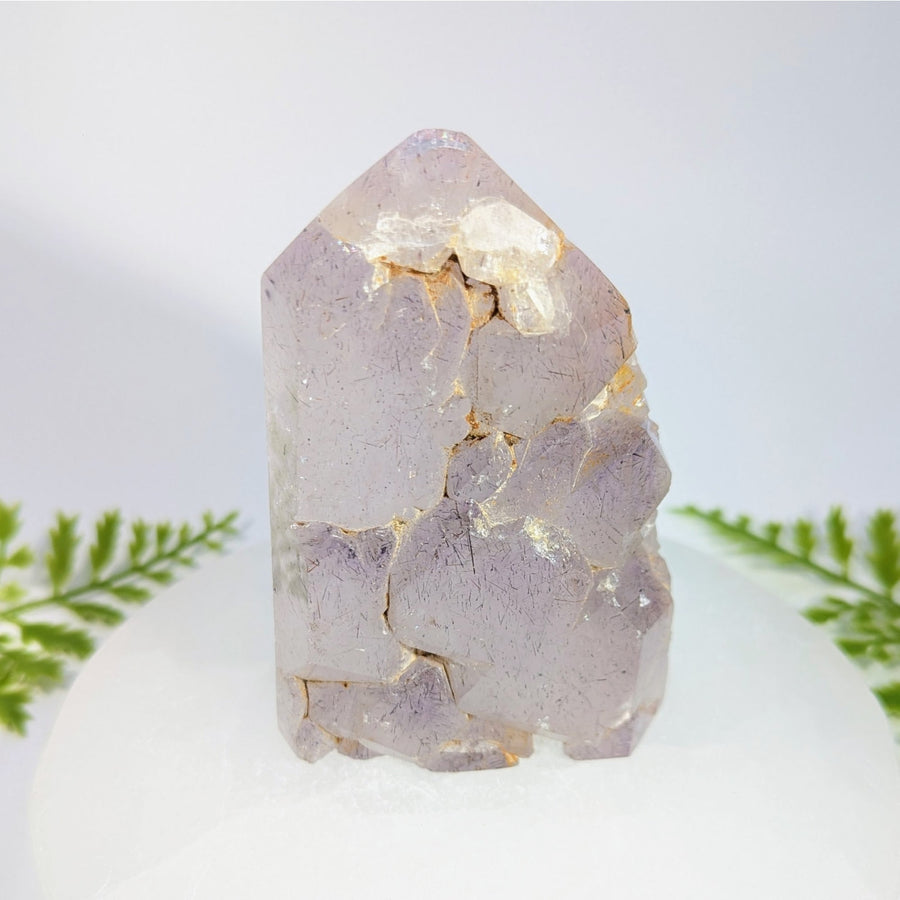 Amethyst rutilated elestial point tower crystal 3.75 inches translucent lavender with golden inclusions for jewelry