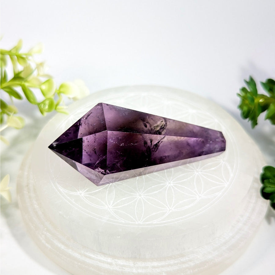 Amethyst smoky phantom 3.2 inch faceted purple crystal scepter wand with natural inclusions on white selenite plate