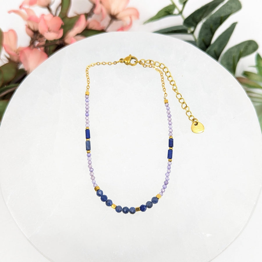 Gold chain necklace with blue and lavender beads from Amethyst & Sodalite Anklet LV8318