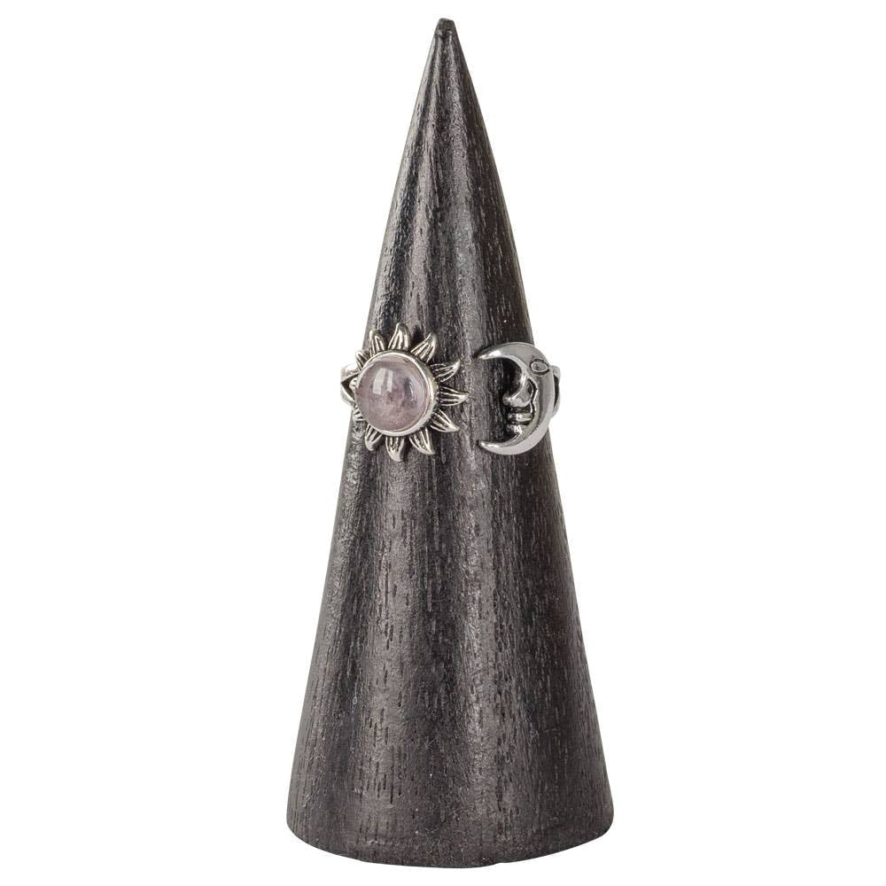 Amethyst sun and moon adjustable ring with rose quartz on dark wood cone