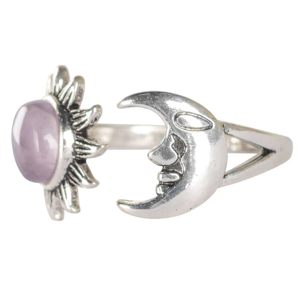 Silver-toned Amethyst Sun & Moon Adjustable Ring #BC0445 with lavender gem