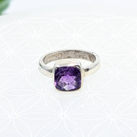 Thumbnail for Sterling silver square faceted ring with cushion-cut amethyst gemstone design