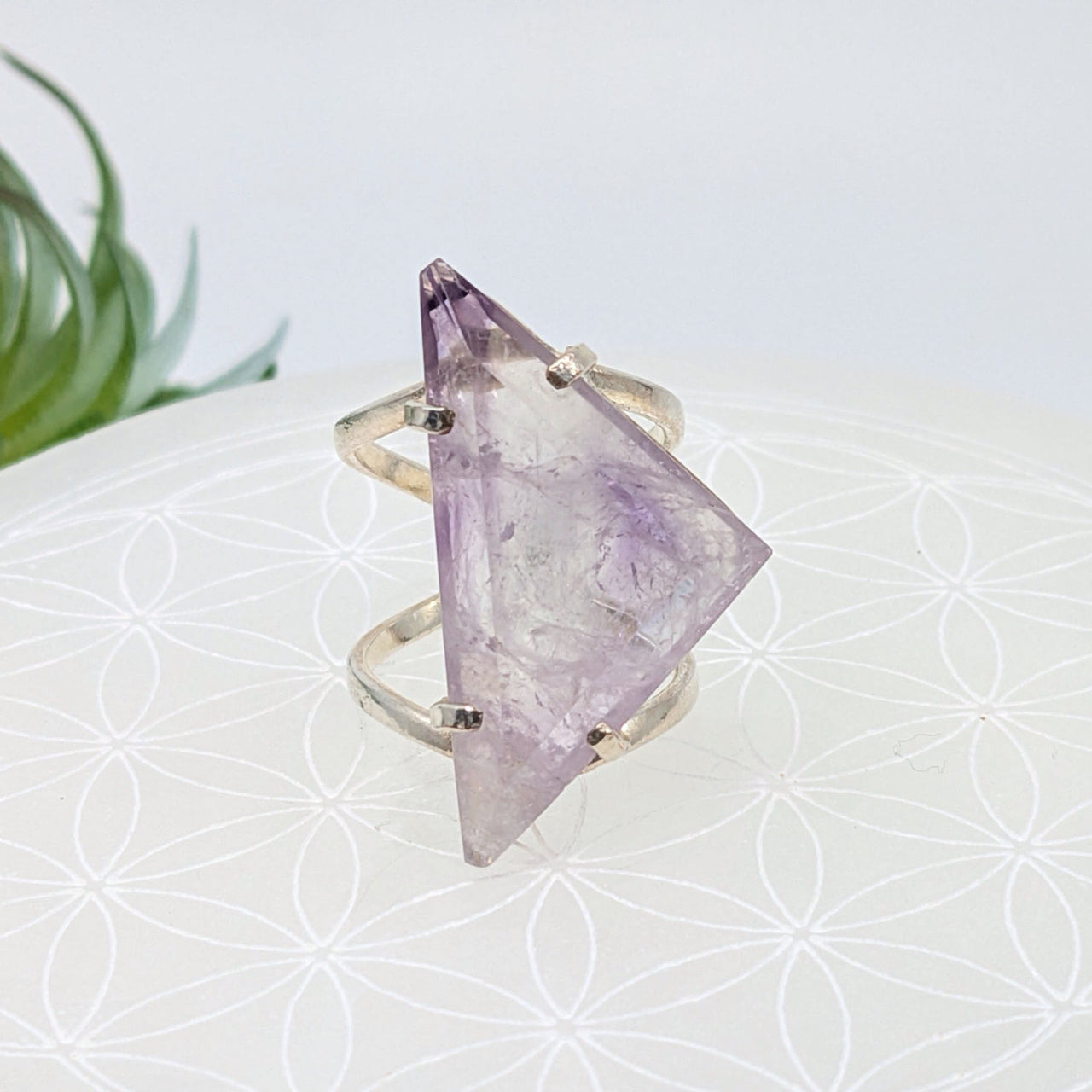 Raw Amethyst Triangle crystal in silver adjustable 6-9 ring for elegant style