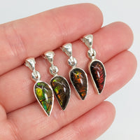 Thumbnail for Hand holding Ammolite 18’ Sterling Silver Pendant with three different colored glass pendants