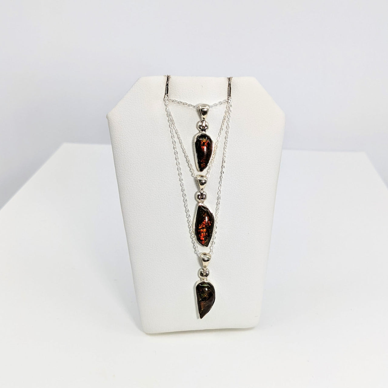 Ammolite 18’ Sterling Silver Necklace with Heart Shaped Pendant and Two Chains #SK8914