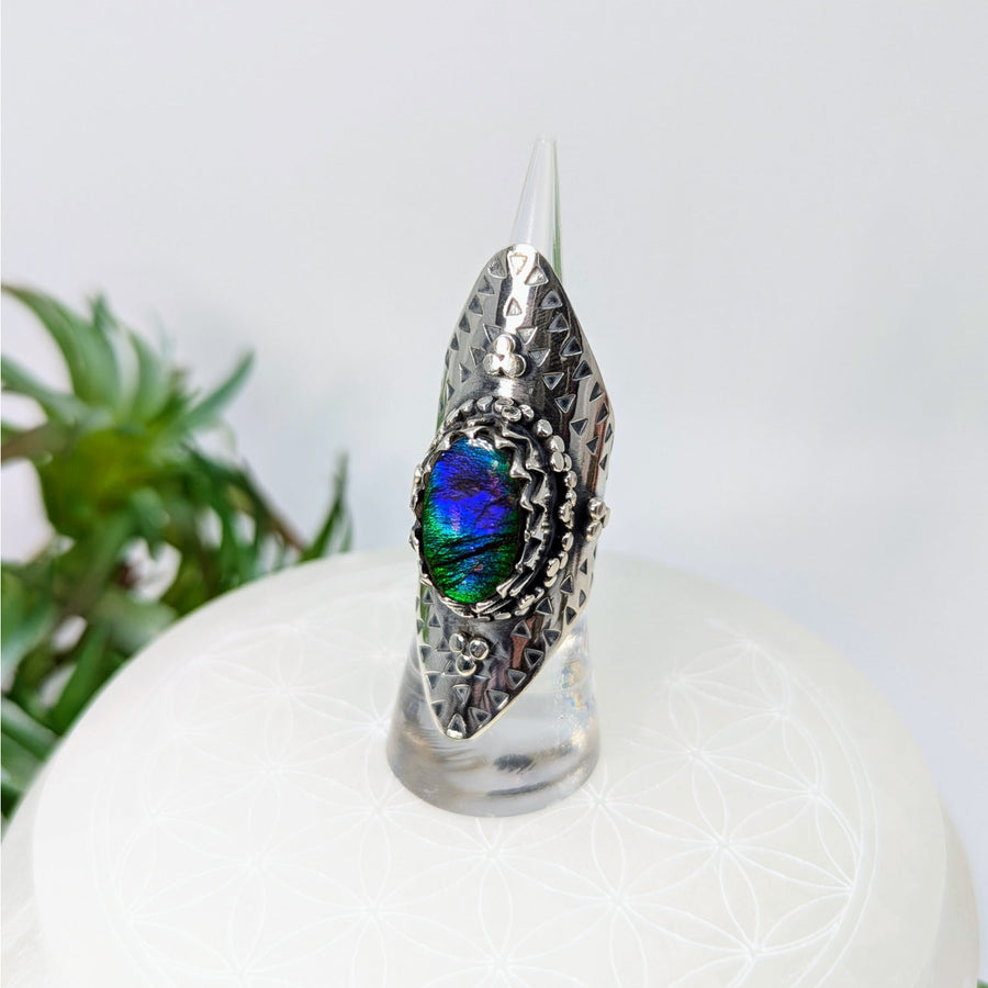 Elongated silver Ammolite Tribal Shield Ring with iridescent gemstone size 7