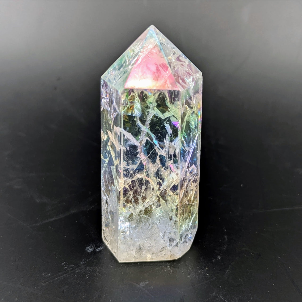 Angel Aura 3’’ Crackle Quartz Tower with iridescent pink and green hues