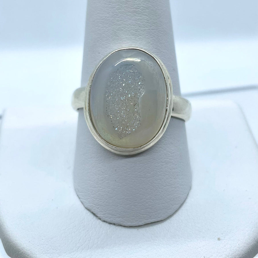 Angel Aura Druzy S.S Ring #J704 with silver oval moonstone and engraved face