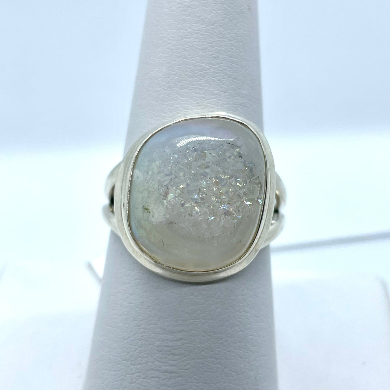 Angel Aura Druzy Silver Moonstone Oval Ring #J704