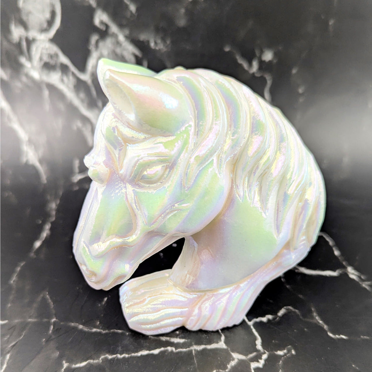 Iridescent Angel Aura Quartz 4.25-inch horse head carving #BC0824