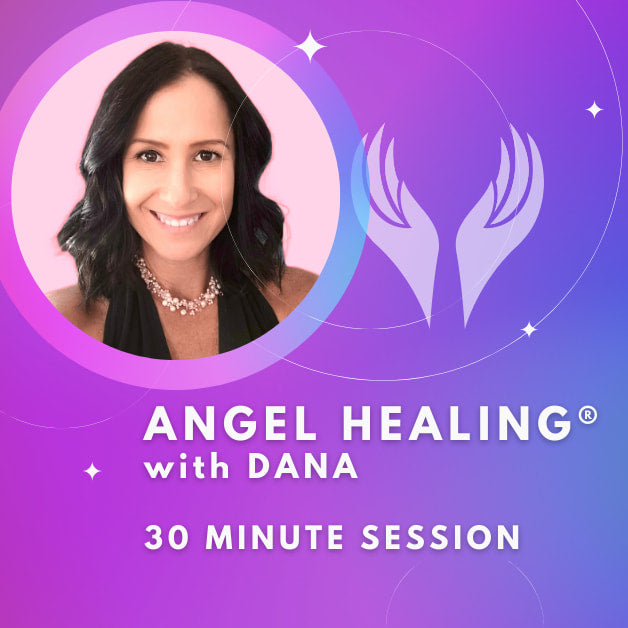 Promotional graphic for Angel Healing® with Dana featuring a serene purple background