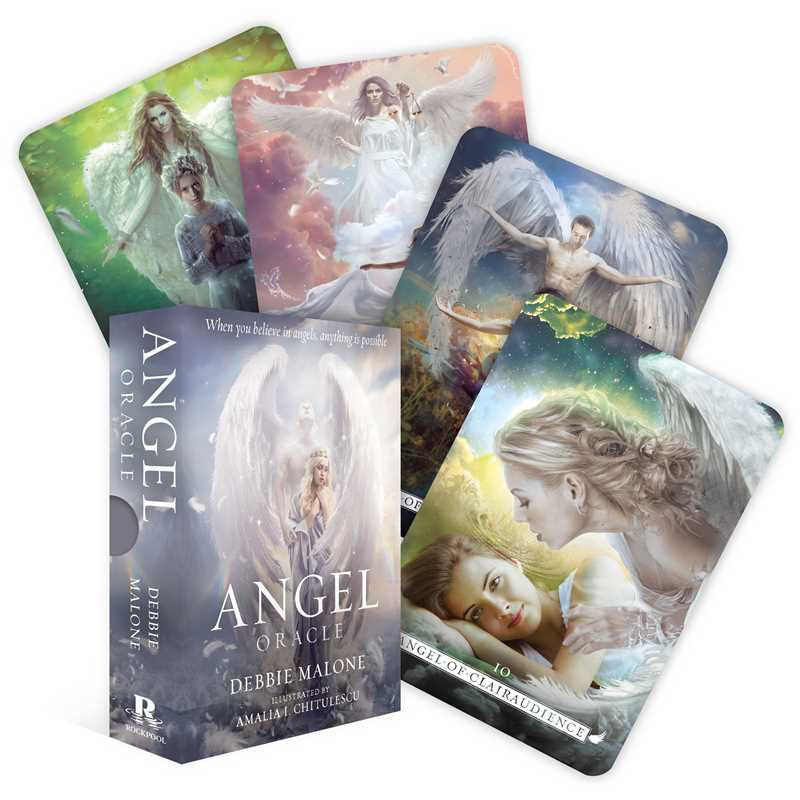 Angel oracle card deck by Debbie Malone displayed on a table in a bright setting