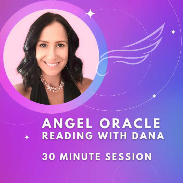 Promotional graphic for Angel Oracle Reading private session with Dana featuring bliss crystals