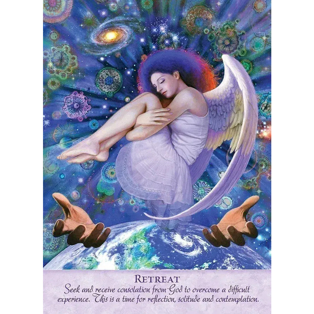 Serene angel with purple-orange hair, white wings, lavender gown above Earth in galaxies, Angel Power Wisdom Cards #LV9577