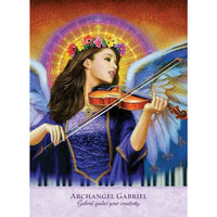 Celestial angel in purple gown plays ornate violin for Angel Power Wisdom Cards LV9577